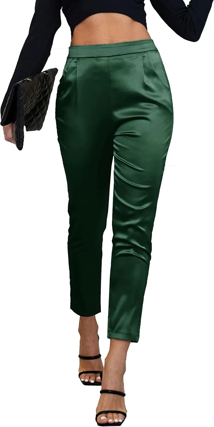 heipeiwa Women's Satin Pants Dress Casual Pleated Pull on High Waist Pants Baggy Front Tapered Trouser
