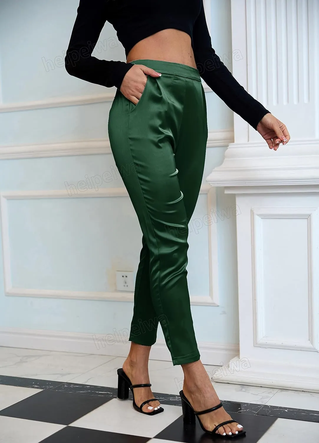 heipeiwa Women's Satin Pants Dress Casual Pleated Pull on High Waist Pants Baggy Front Tapered Trouser
