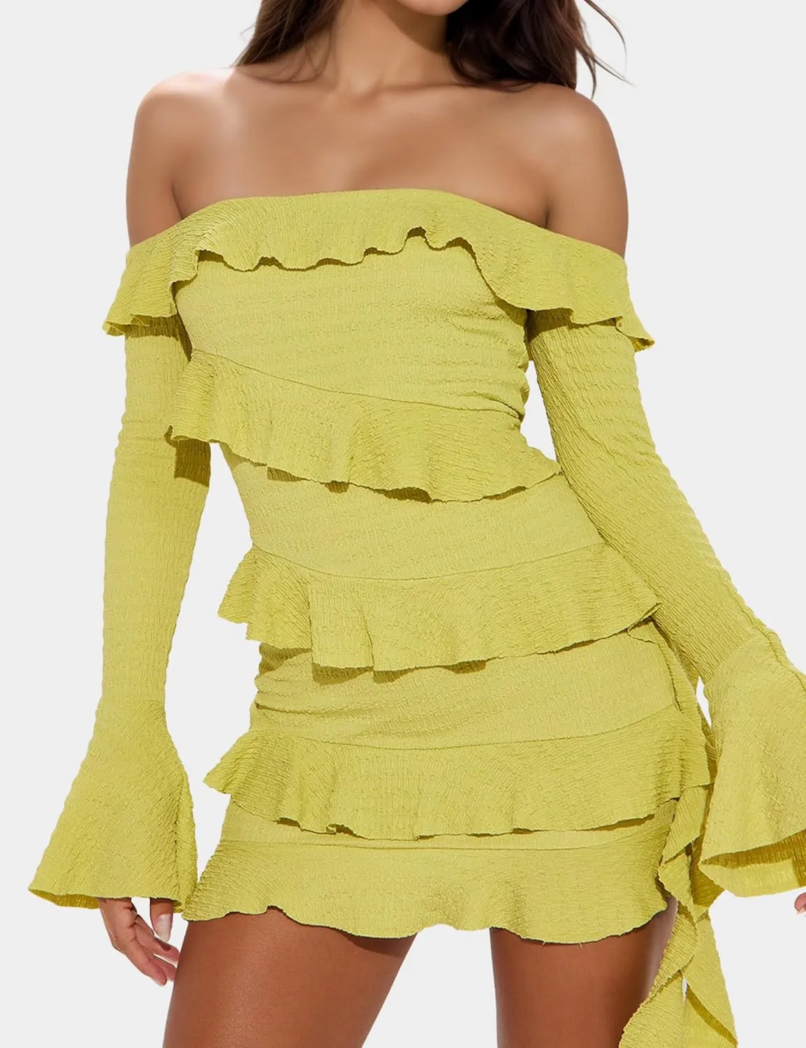 ISZPLUSH Women's Off Shoulder Ruffle Mini Dress Long Sleeve Flounce Dress Ruched Formal Cocktail Party Short Dresses