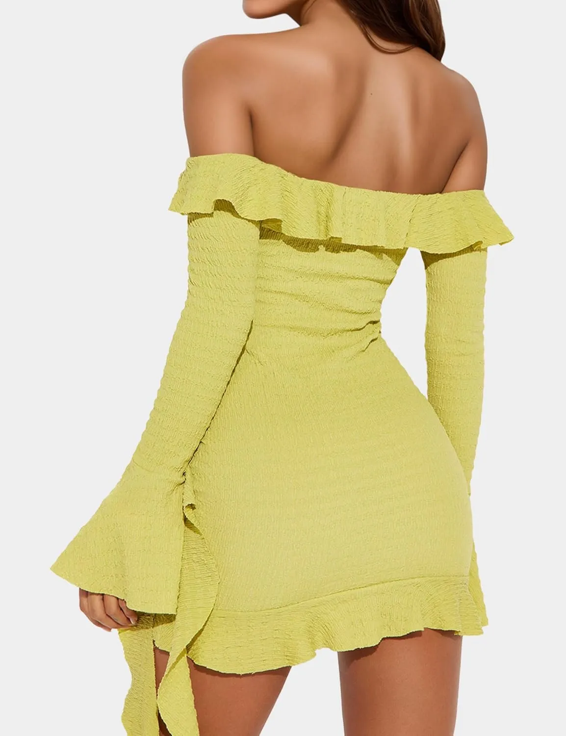 ISZPLUSH Women's Off Shoulder Ruffle Mini Dress Long Sleeve Flounce Dress Ruched Formal Cocktail Party Short Dresses