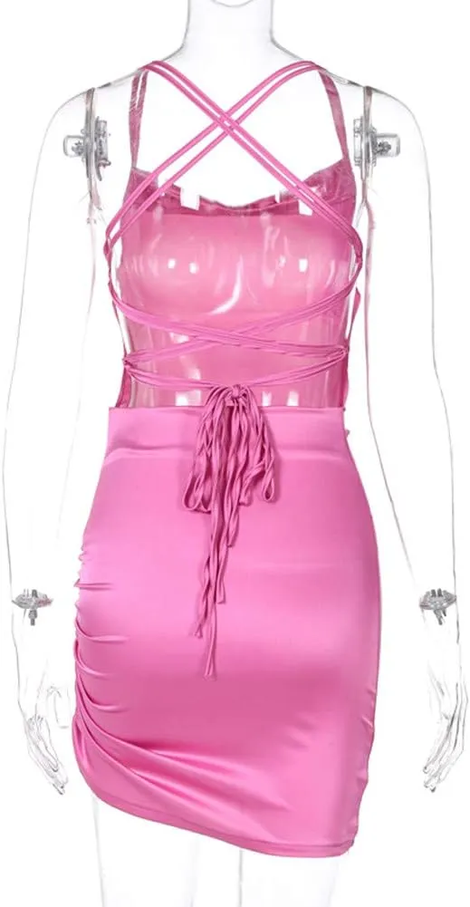 JUMISEE Women Satin Ruched Lace Up Bodycon Mini Dress Sexy Backless Spaghetti Strap Party Dress for Cocktail Clubwear