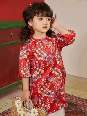 Kids Ao Dai Girl Red Ao Dai Set With Skirt