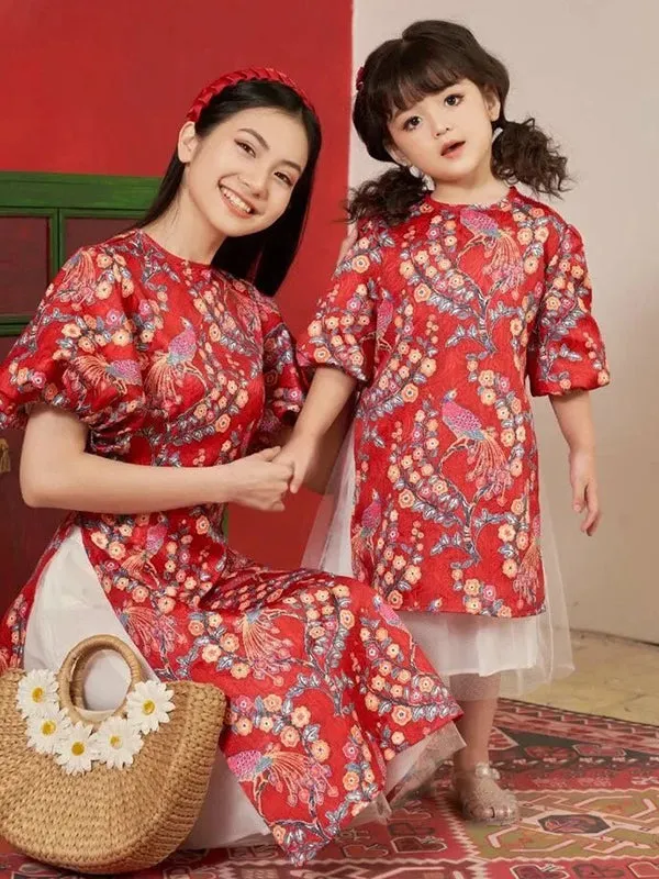 Kids Ao Dai Girl Red Ao Dai Set With Skirt
