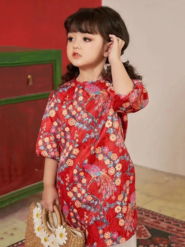 Kids Ao Dai Girl Red Ao Dai Set With Skirt