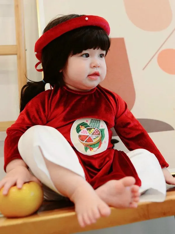 Kids Ao Dai Girl Red Velvet Ao Dai Set