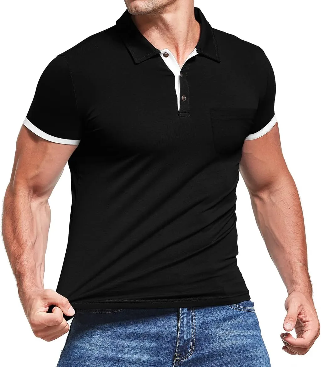 KUYIGO Men's Short&Long Sleeve Polo Shirts Casual Slim Fit Solid Soft Button Cotton Pocket Collared Shirt