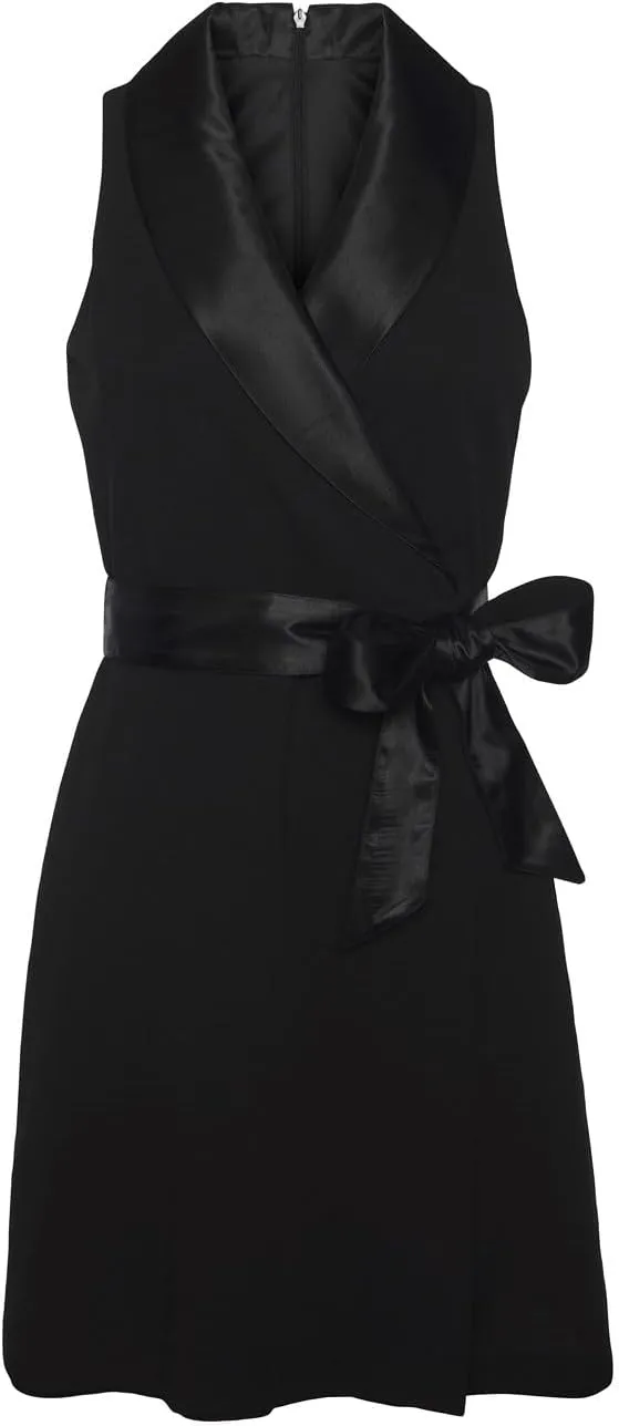 LASCANA Women's Sleeveless Blazer Dress, Satin Lapel, Self-Tie Belt, A-Line Wrap Look