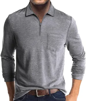 Mens Casual Polo Shirts Cotton Classic Long Sleeve Lightweight Zipper Shirt with Pocket
