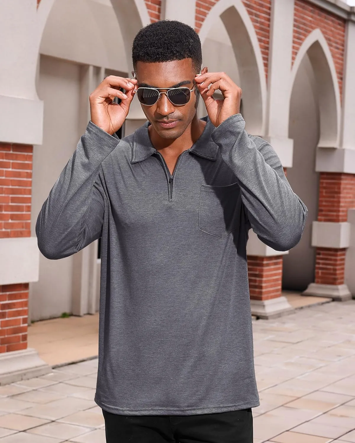 Mens Casual Polo Shirts Cotton Classic Long Sleeve Lightweight Zipper Shirt with Pocket