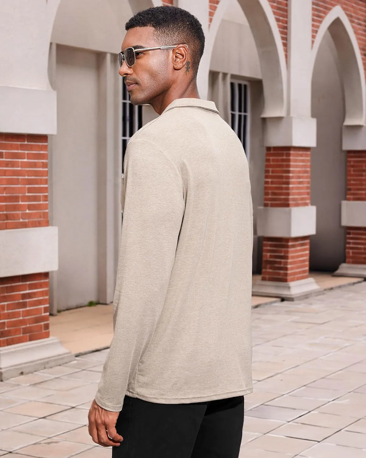 Mens Casual Polo Shirts Cotton Classic Long Sleeve Lightweight Zipper Shirt with Pocket