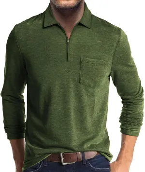 Mens Casual Polo Shirts Cotton Classic Long Sleeve Lightweight Zipper Shirt with Pocket
