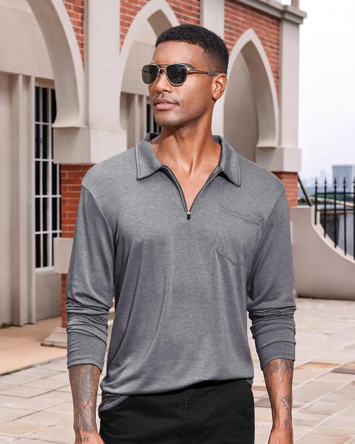 Mens Casual Polo Shirts Cotton Classic Long Sleeve Lightweight Zipper Shirt with Pocket