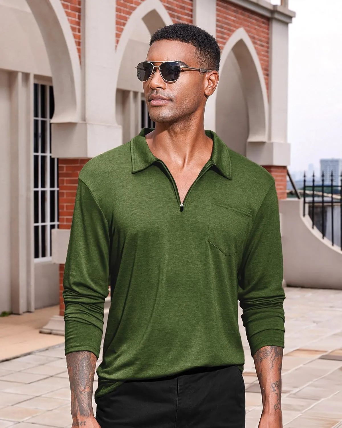 Mens Casual Polo Shirts Cotton Classic Long Sleeve Lightweight Zipper Shirt with Pocket