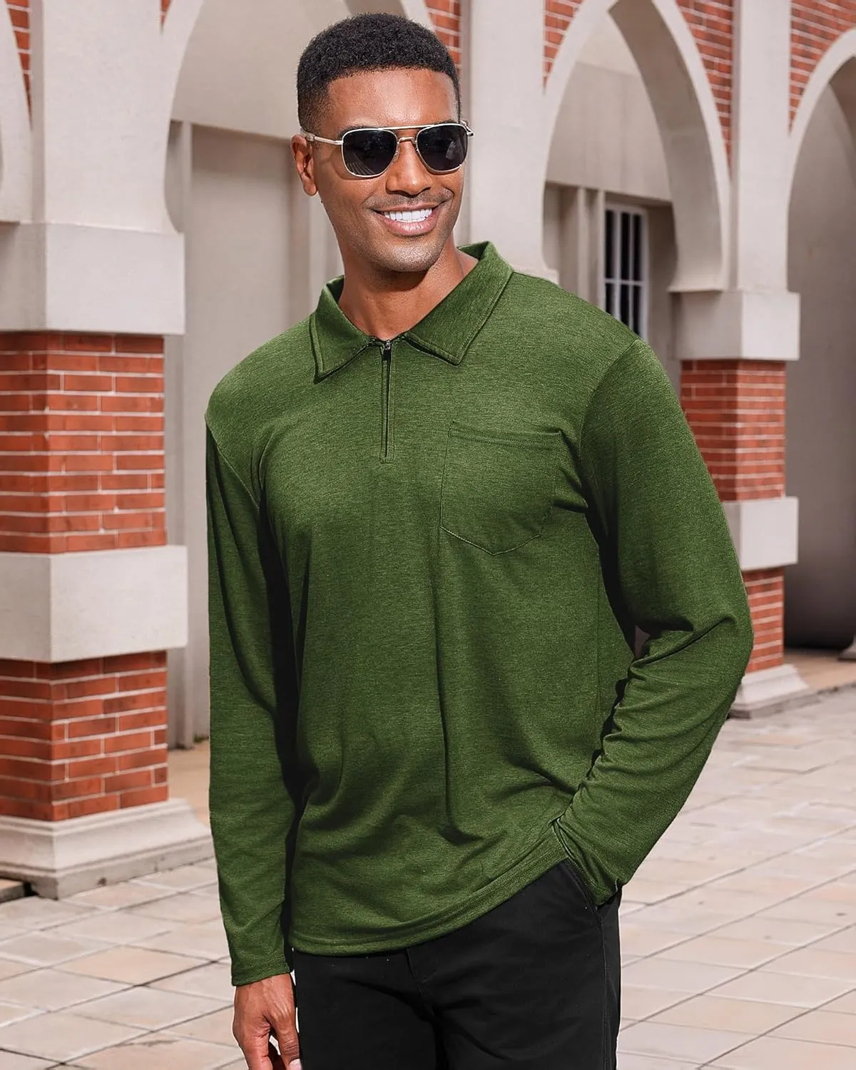 Mens Casual Polo Shirts Cotton Classic Long Sleeve Lightweight Zipper Shirt with Pocket