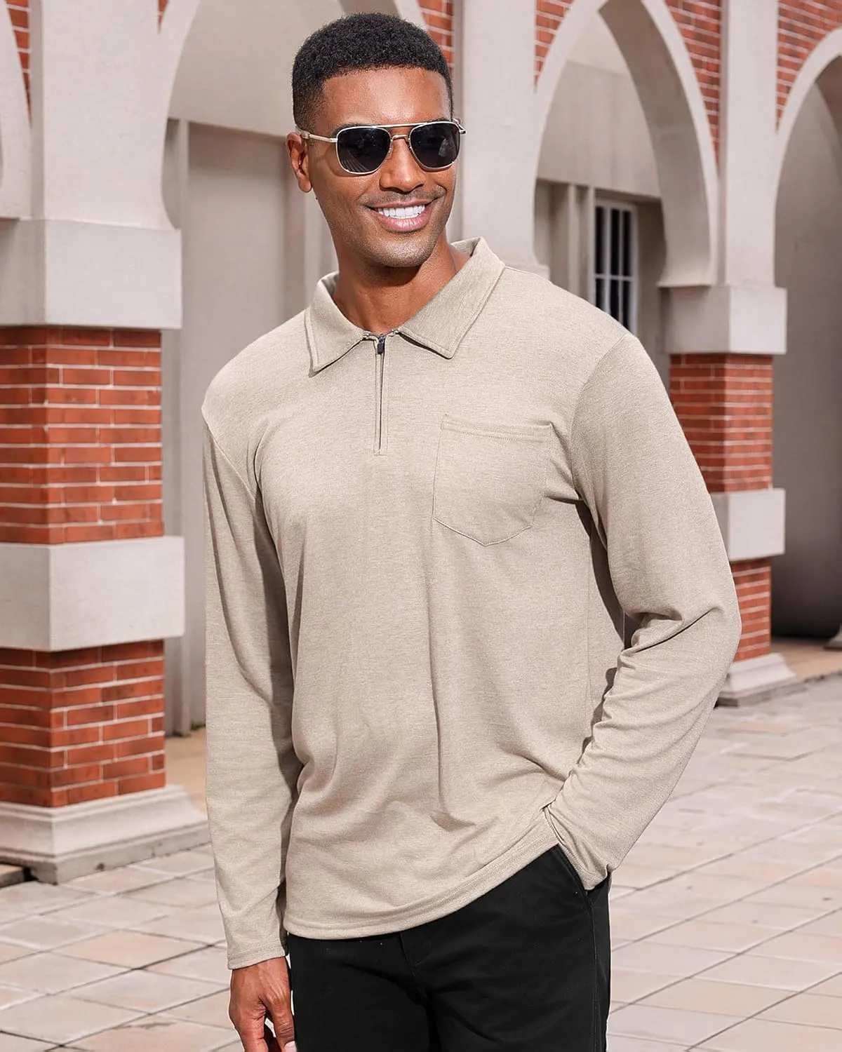 Mens Casual Polo Shirts Cotton Classic Long Sleeve Lightweight Zipper Shirt with Pocket