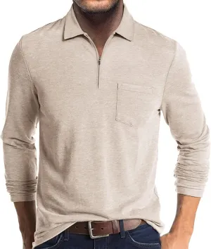 Mens Casual Polo Shirts Cotton Classic Long Sleeve Lightweight Zipper Shirt with Pocket