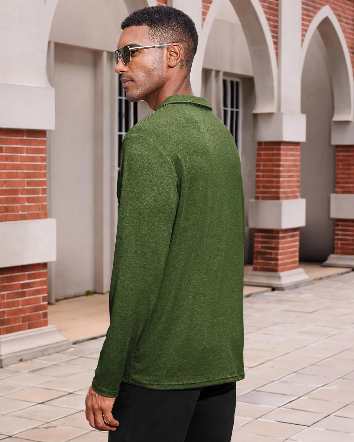 Mens Casual Polo Shirts Cotton Classic Long Sleeve Lightweight Zipper Shirt with Pocket