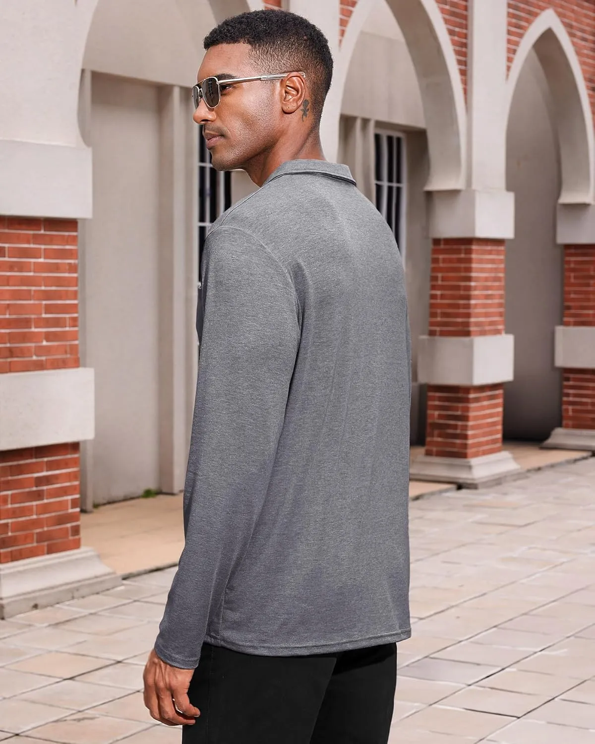 Mens Casual Polo Shirts Cotton Classic Long Sleeve Lightweight Zipper Shirt with Pocket
