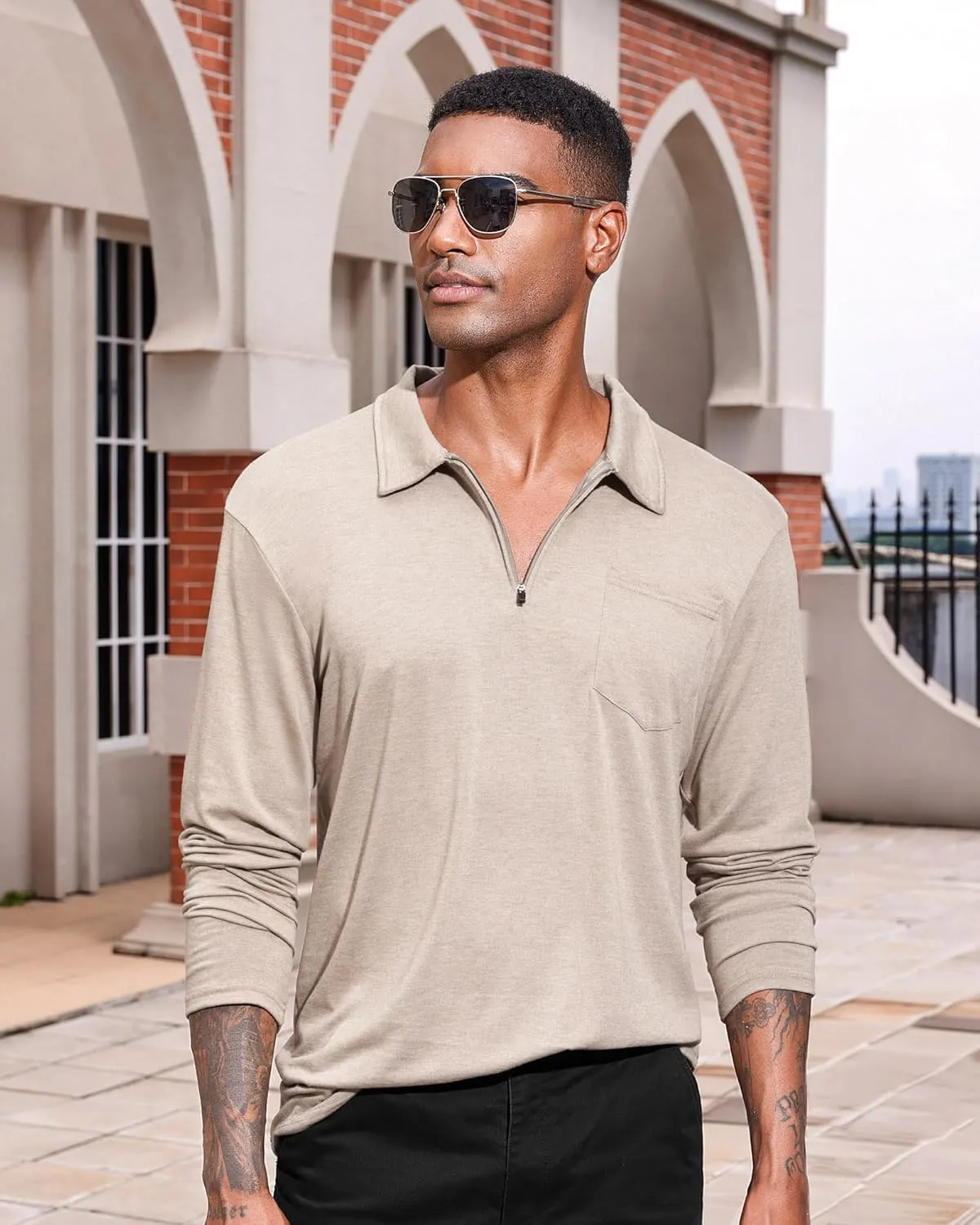Mens Casual Polo Shirts Cotton Classic Long Sleeve Lightweight Zipper Shirt with Pocket