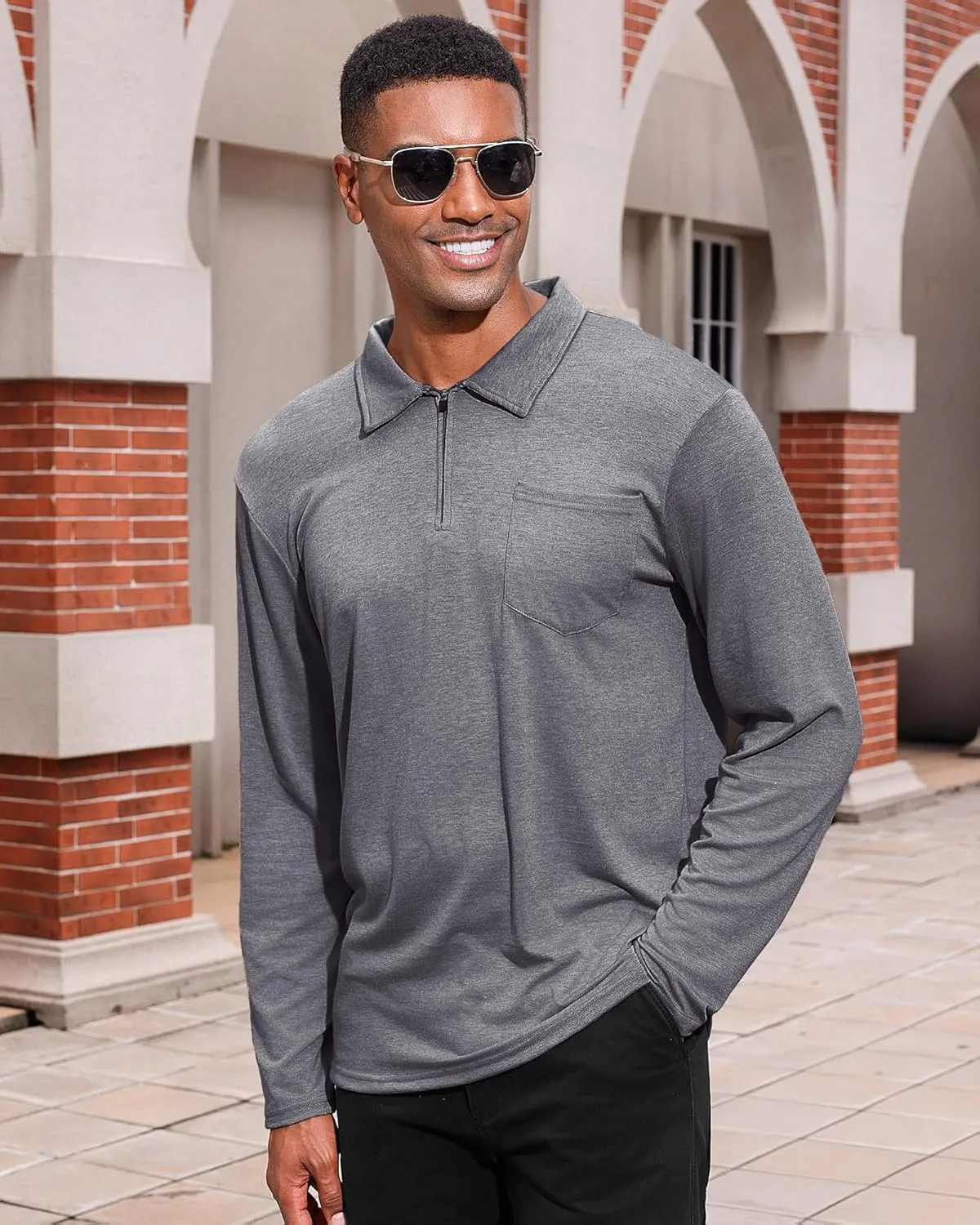 Mens Casual Polo Shirts Cotton Classic Long Sleeve Lightweight Zipper Shirt with Pocket