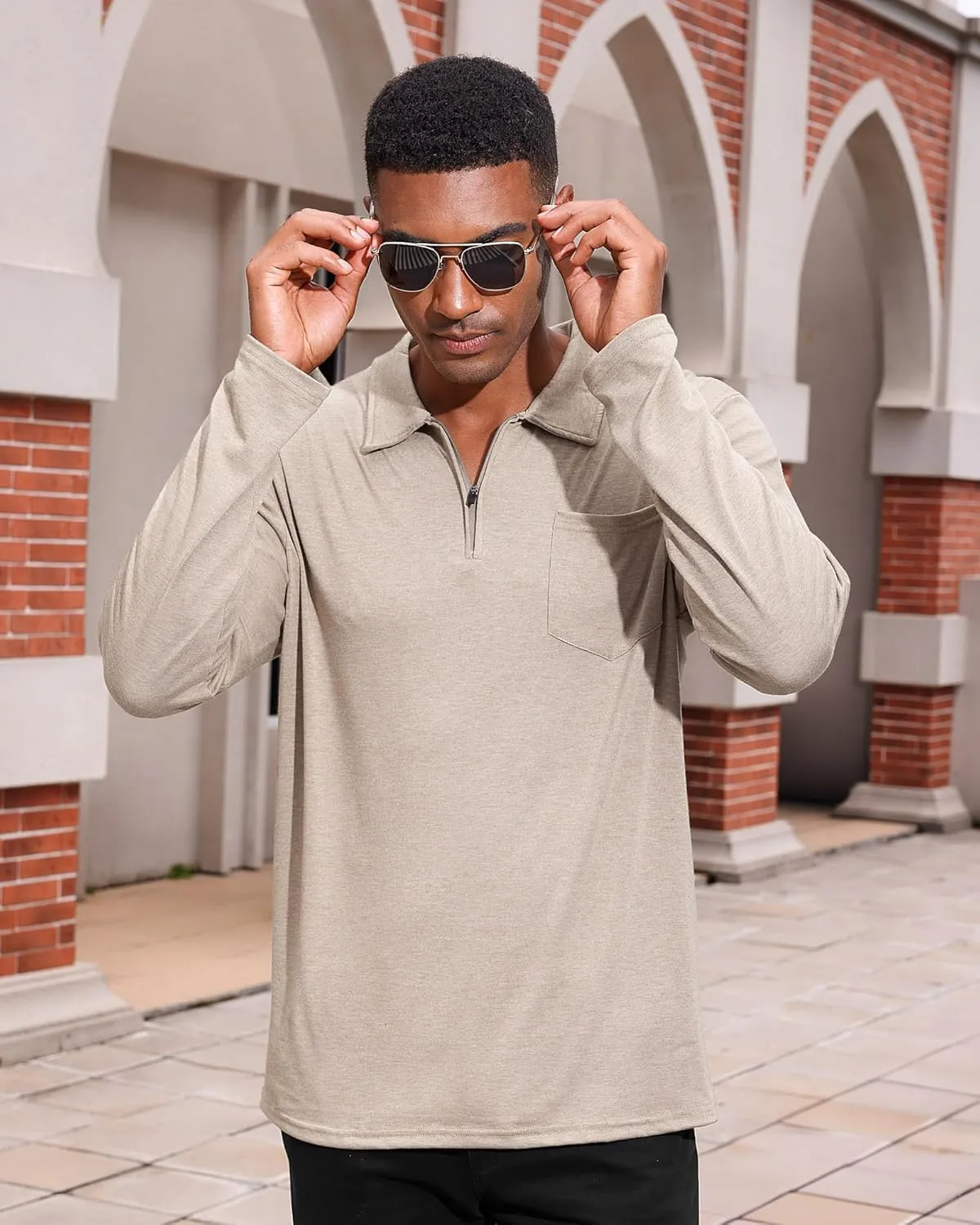 Mens Casual Polo Shirts Cotton Classic Long Sleeve Lightweight Zipper Shirt with Pocket