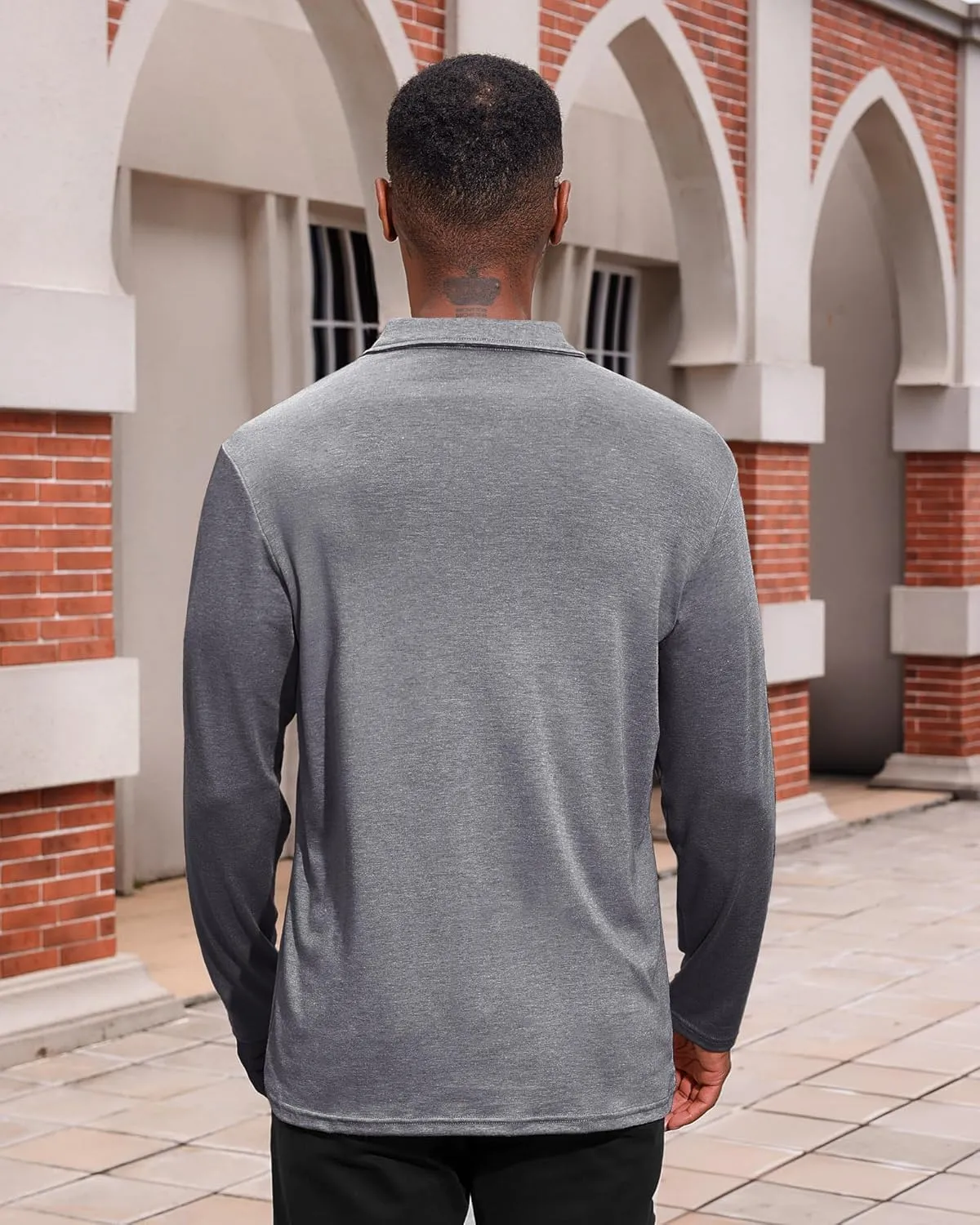 Mens Casual Polo Shirts Cotton Classic Long Sleeve Lightweight Zipper Shirt with Pocket