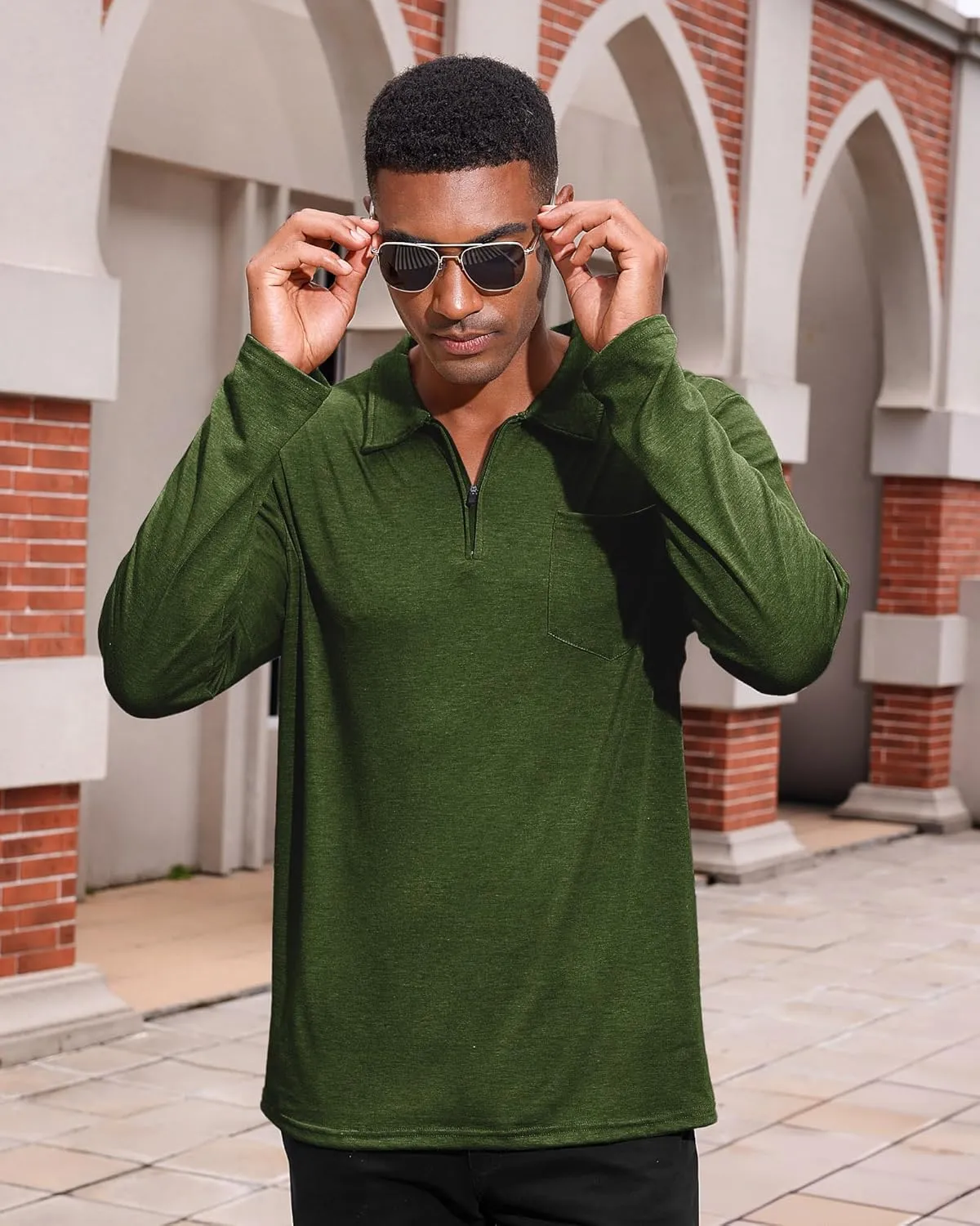 Mens Casual Polo Shirts Cotton Classic Long Sleeve Lightweight Zipper Shirt with Pocket