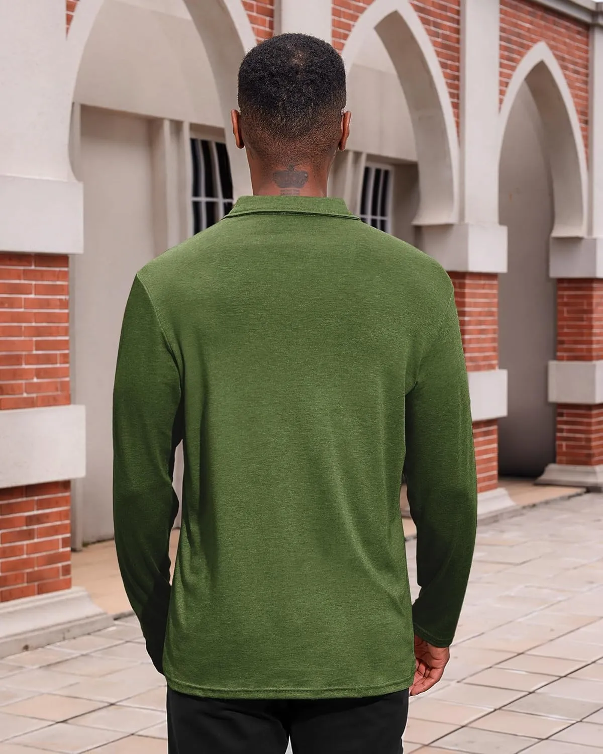 Mens Casual Polo Shirts Cotton Classic Long Sleeve Lightweight Zipper Shirt with Pocket