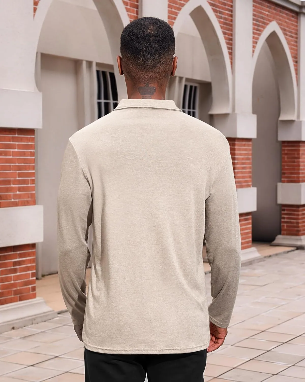 Mens Casual Polo Shirts Cotton Classic Long Sleeve Lightweight Zipper Shirt with Pocket