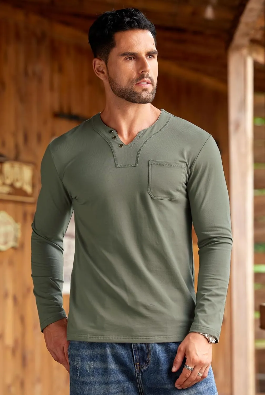 Mens V Neck Shirts Long Sleeve Casual Soft Cotton Slim Fit T-Shirt (S-XXL)