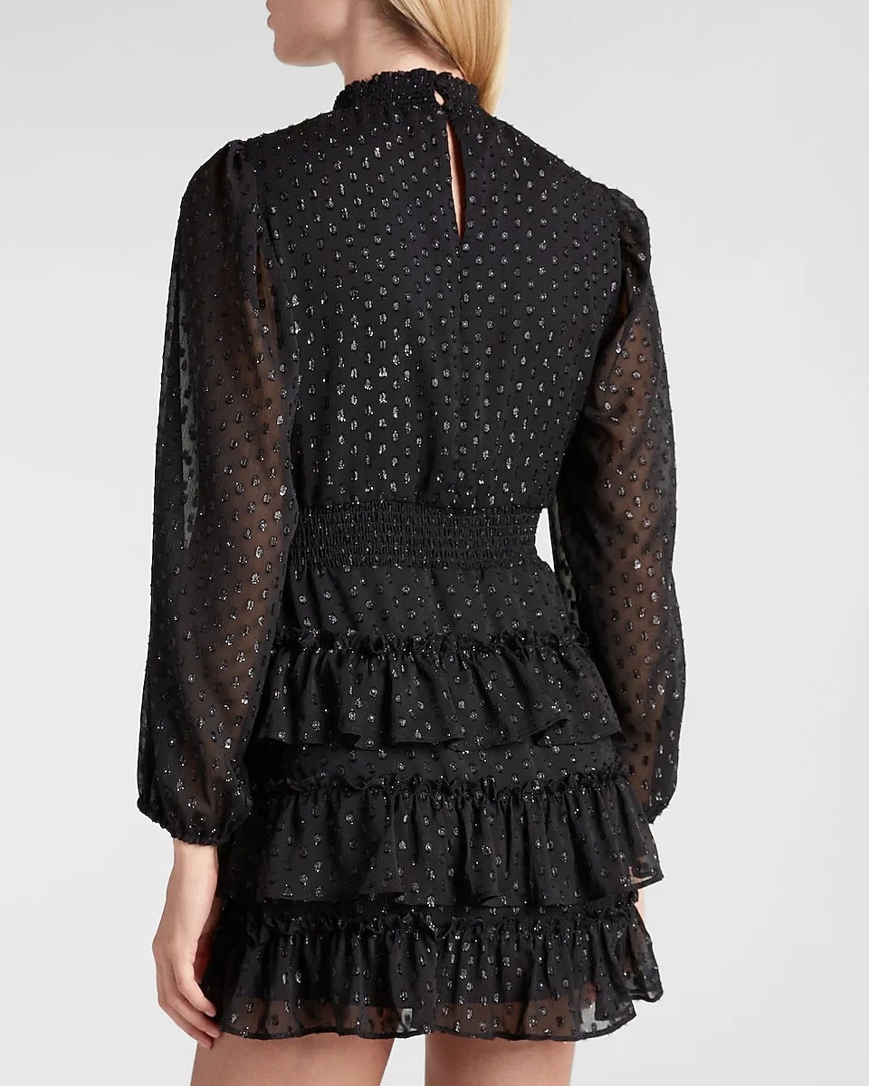 Metallic Dot Smocked Mock Neck Tiered Ruffle Dress in Pitch Black