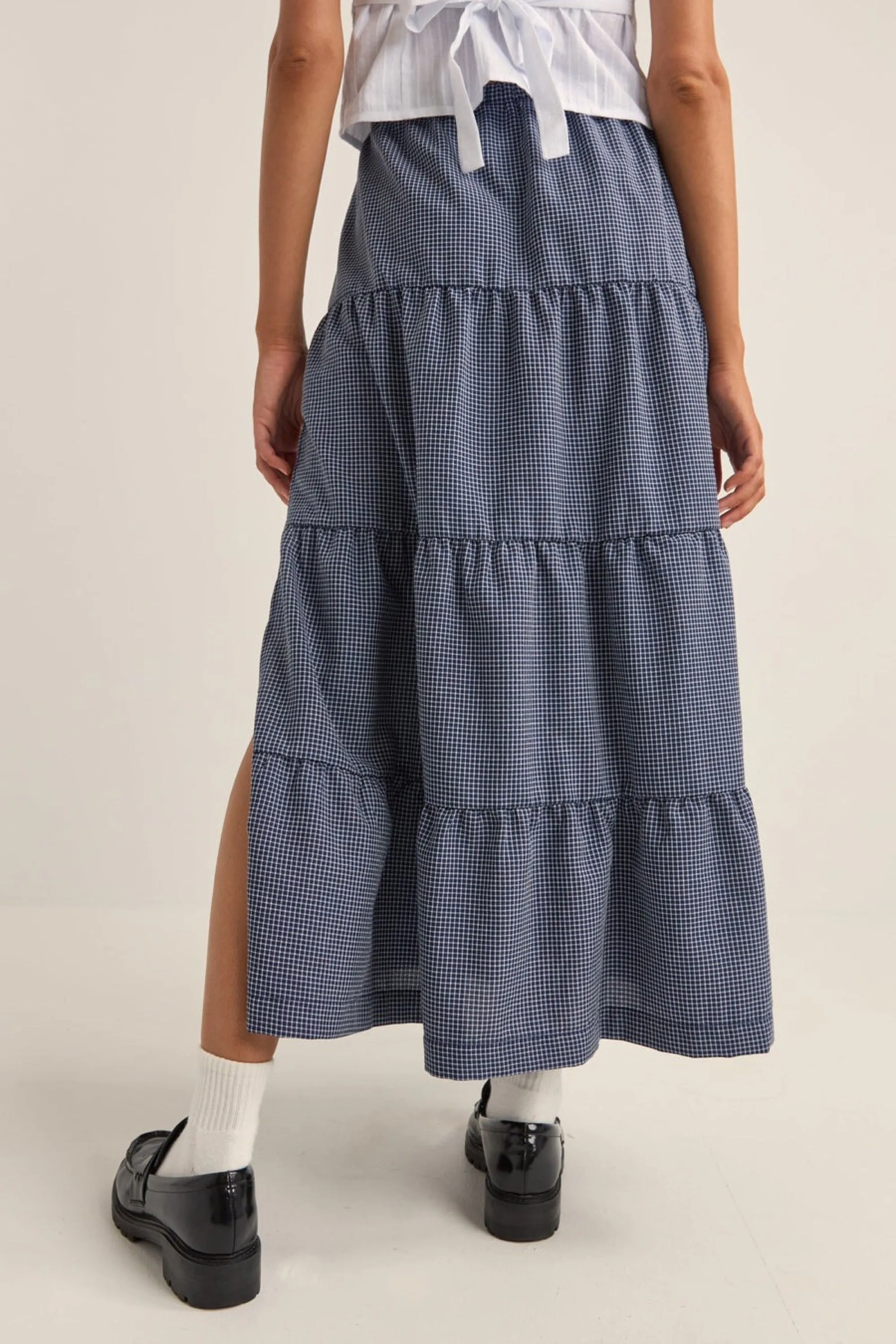 Navy Lola Check Tiered Skirt