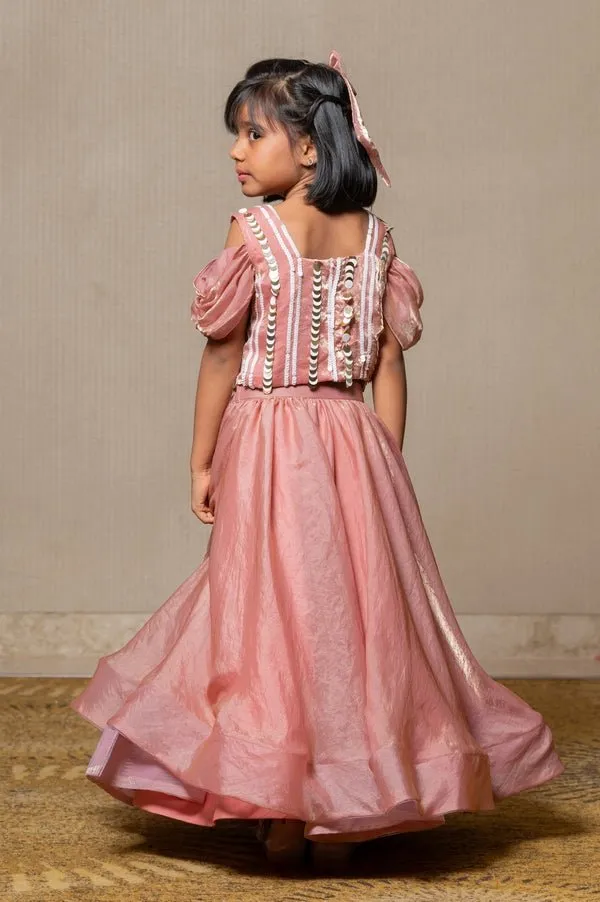 Sequin hand work top with pleated flowy Lahenga