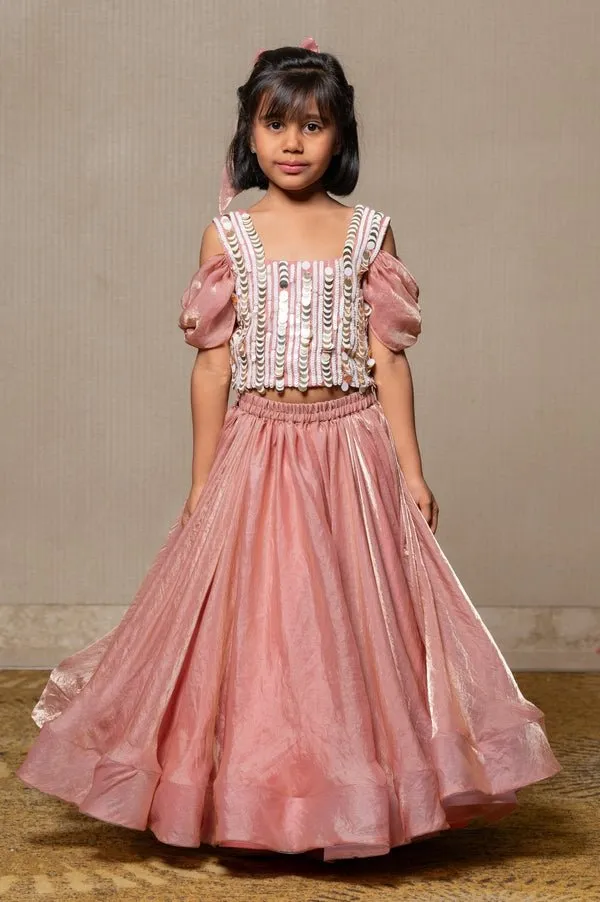 Sequin hand work top with pleated flowy Lahenga