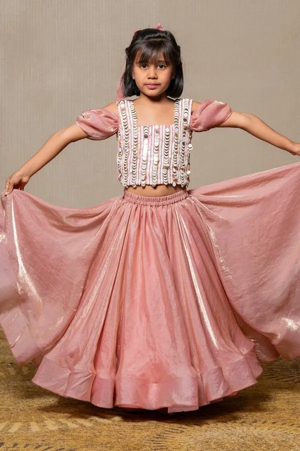 Sequin hand work top with pleated flowy Lahenga