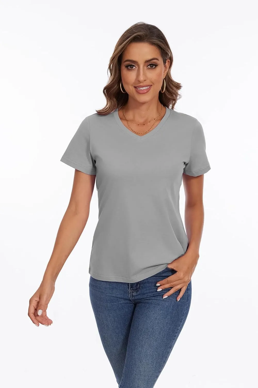 SMENG Women's Cotton V Neck T-Shirt Short Sleeve Solid Color Tee Casual Fit Tee Breathable Summer Fashion Tops