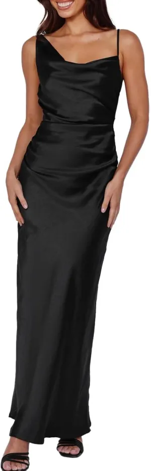 Summer Satin Maxi Dresses for Women 2025 Cowl Neck Ruched Silk Formal Wedding Guest Bridesmaid Slip Dress with Slit