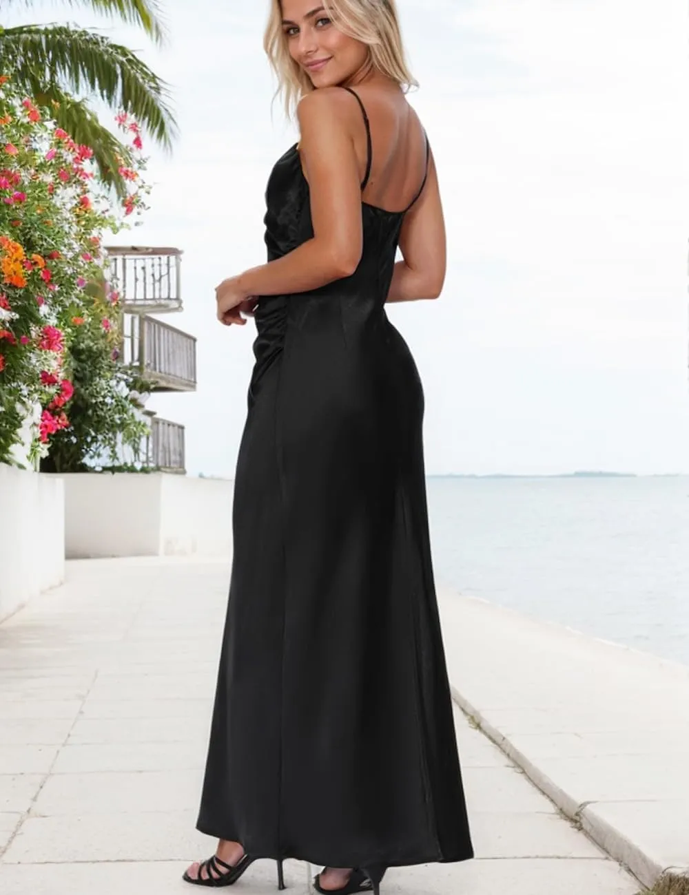 Summer Satin Maxi Dresses for Women 2025 Cowl Neck Ruched Silk Formal Wedding Guest Bridesmaid Slip Dress with Slit