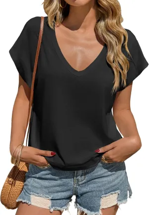 Tankaneo Womens Deep V Neck T Shirts Summer Casual Short Cap Sleeve Tops Loose Fit Basic Tee