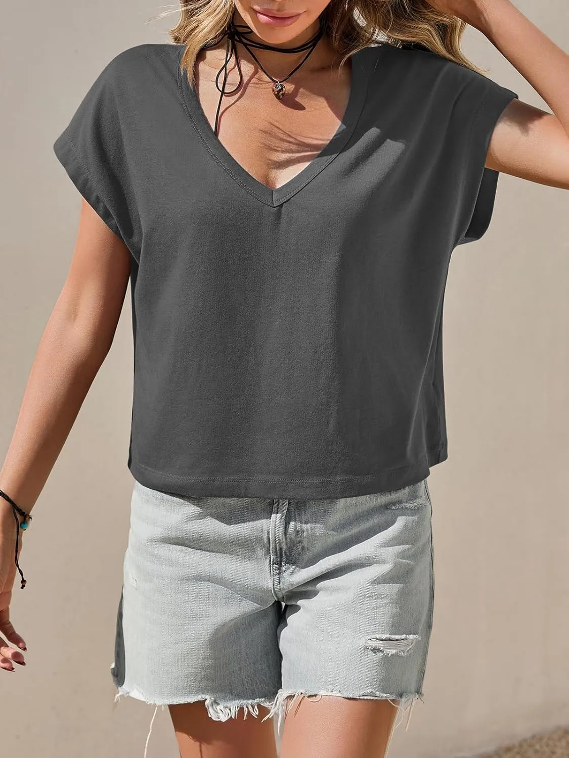 Tankaneo Womens Deep V Neck T Shirts Summer Casual Short Cap Sleeve Tops Loose Fit Basic Tee