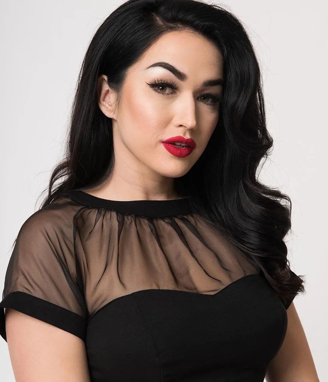 Unique Vintage 1950s Black Stretch Sheer Bodice Shirelle Swing Dress