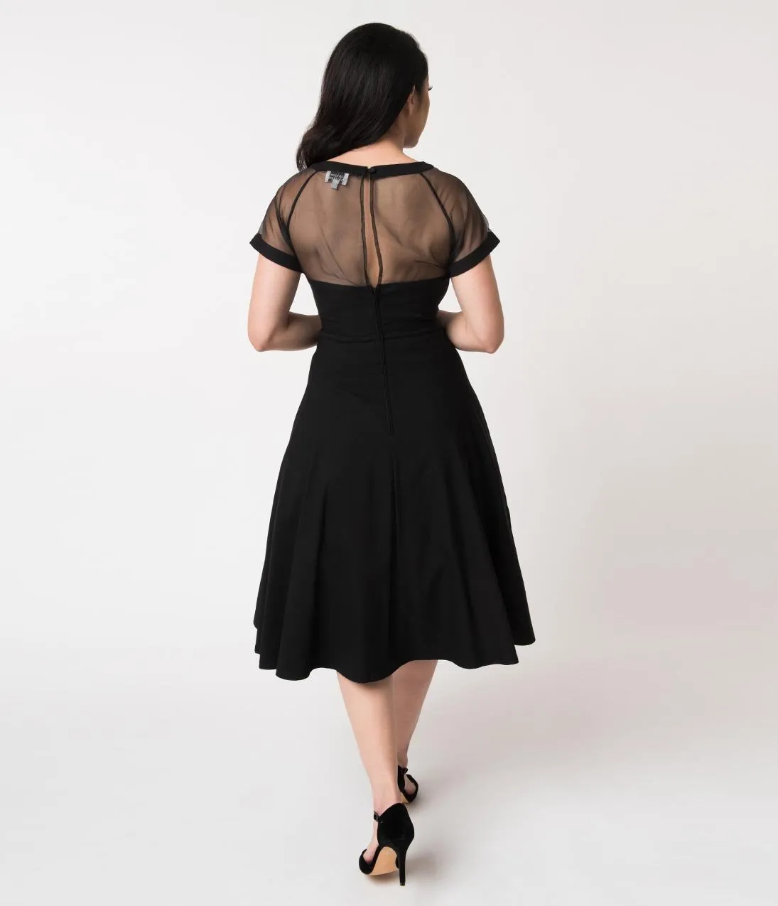 Unique Vintage 1950s Black Stretch Sheer Bodice Shirelle Swing Dress