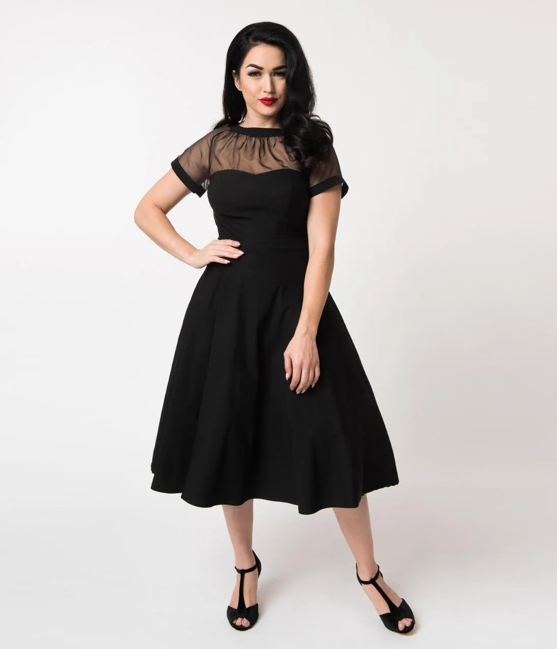 Unique Vintage 1950s Black Stretch Sheer Bodice Shirelle Swing Dress