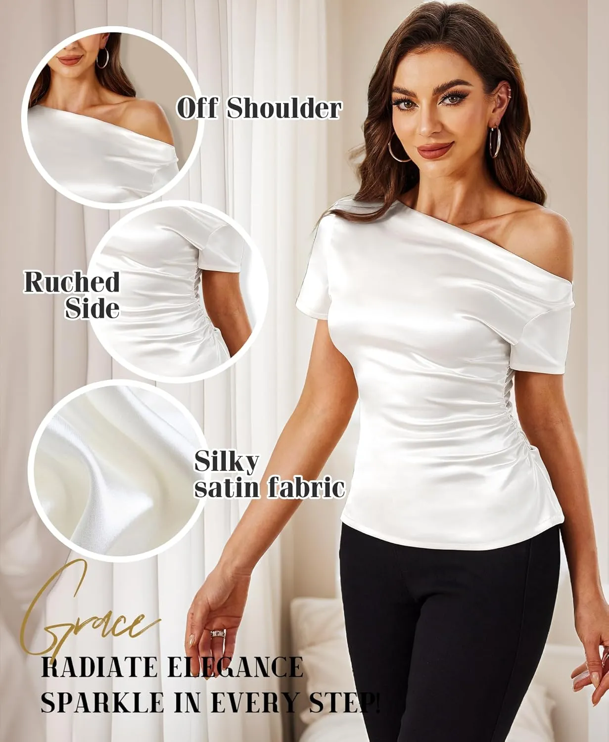 VIDUSSA Off Shoulder Tops for Women - Silk Satin Blouse Dressy Casual Short Sleeve Ruched Asymmetrical Summer Shirts