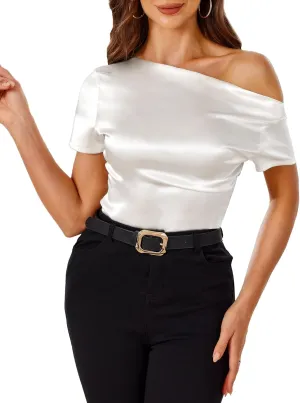 VIDUSSA Off Shoulder Tops for Women - Silk Satin Blouse Dressy Casual Short Sleeve Ruched Asymmetrical Summer Shirts