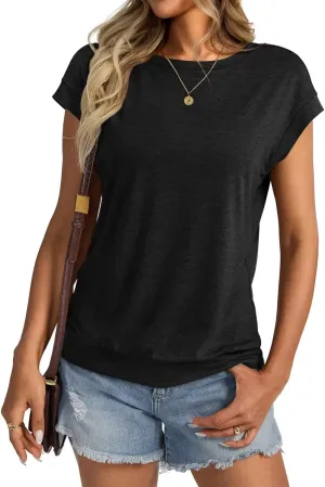 Womens Crewneck Cap Sleeve T Shirts Banded Bottom Top Loose Fit Short Sleeves Tee Casual Summer Basic Tops 2025