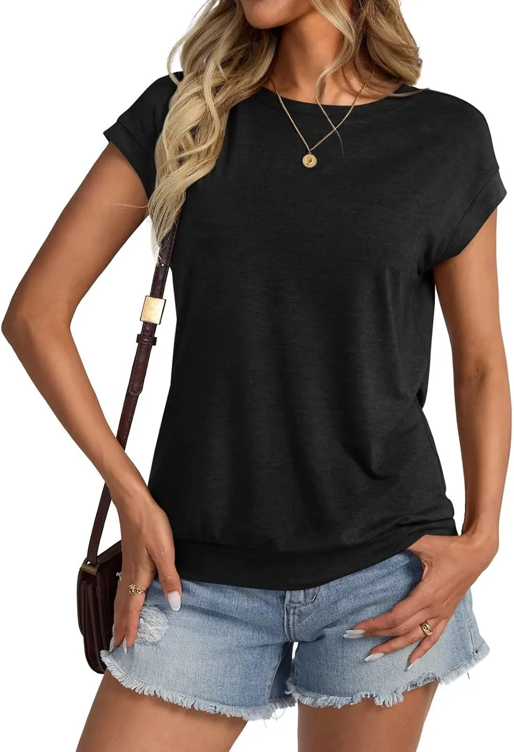 Womens Crewneck Cap Sleeve T Shirts Banded Bottom Top Loose Fit Short Sleeves Tee Casual Summer Basic Tops 2025