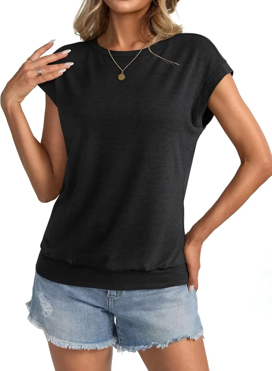 Womens Crewneck Cap Sleeve T Shirts Banded Bottom Top Loose Fit Short Sleeves Tee Casual Summer Basic Tops 2025