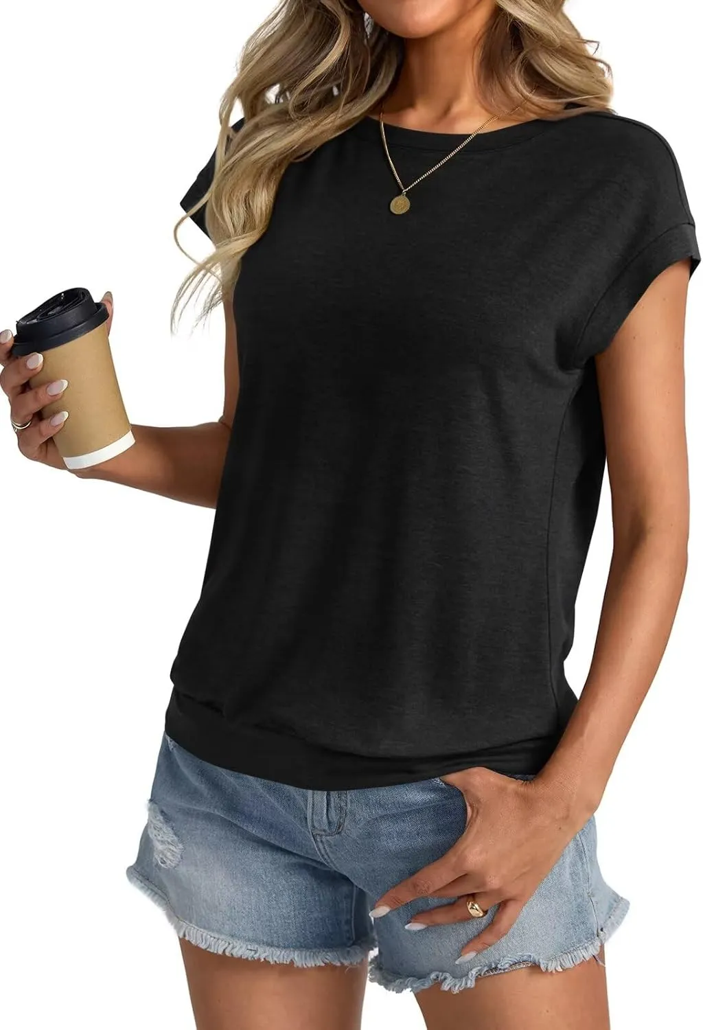 Womens Crewneck Cap Sleeve T Shirts Banded Bottom Top Loose Fit Short Sleeves Tee Casual Summer Basic Tops 2025