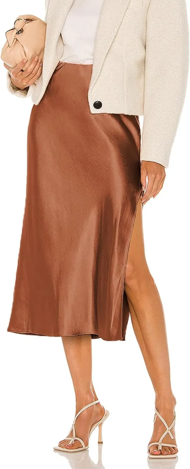 Womens High Waisted Satin Midi Skirts Elegant Flared A Line Elastic Waistband Silk Slit Skirt for Women